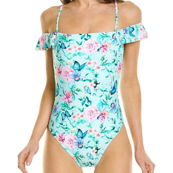 Nanette Lepore One Piece Off Shoulder Swimsuit Turquoise Garden Ruffle - Picture 1 of 2